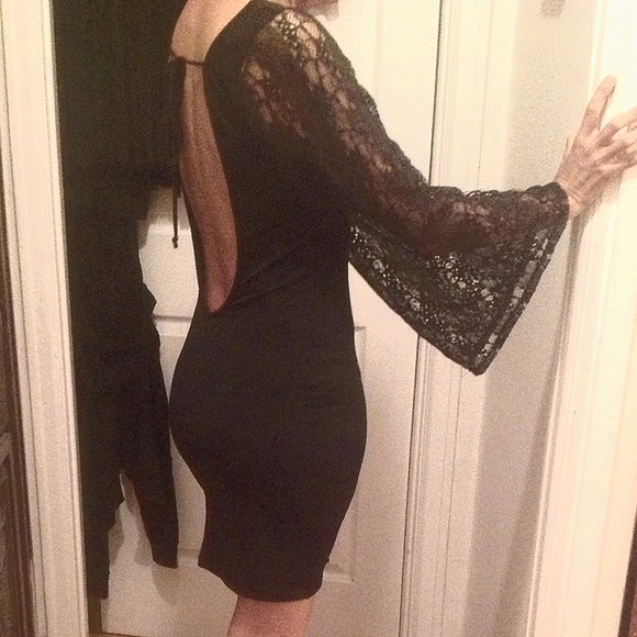 SEXY BLACK DRESS w/ LACE SLEEVES - Picture 2 of 3